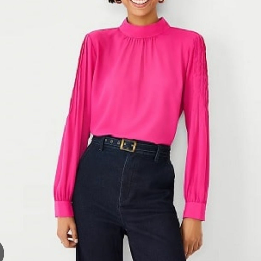 White House Black Market Pink Smocked Long Sleeve Blouse Top